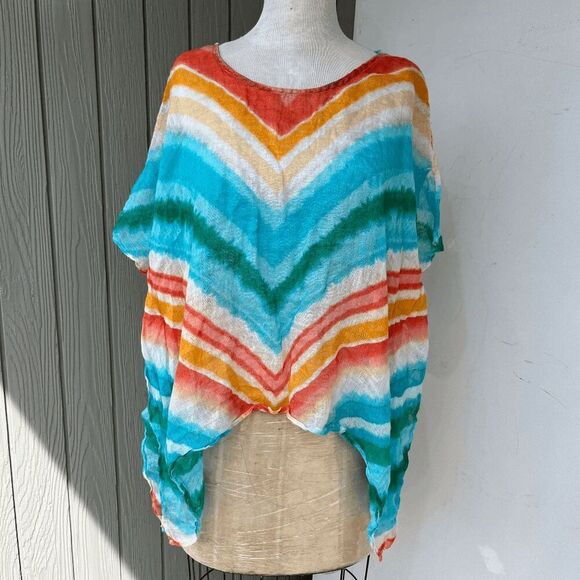 Chico’s Linen Poncho Top S/M OS Chevron Teal Coral Beachy Oversized Flowy - Picture 1 of 8